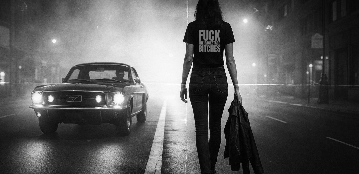 Woman wearing NOVIP streetwear on a foggy nighttime city street with a vintage car.
