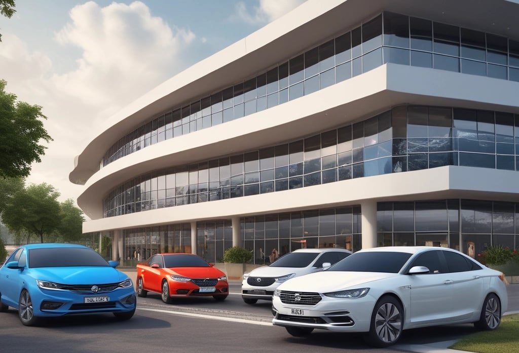 Showroom front of kd motocorp bustling with customers and Tata Motors vehicles on display.