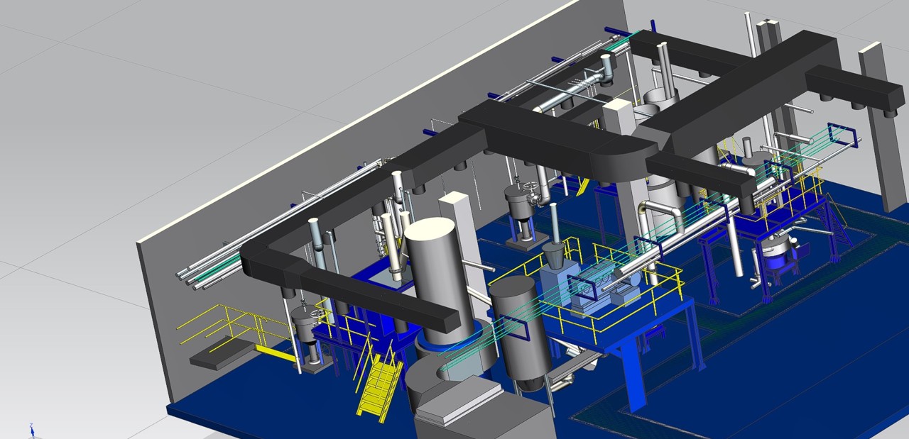 A 3D CAD model showcasing complex industrial piping, storage tanks, and structural design for a processing plant.