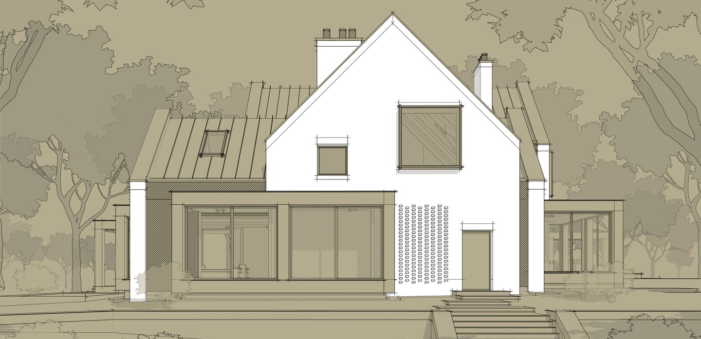 A scetch of a home with trees