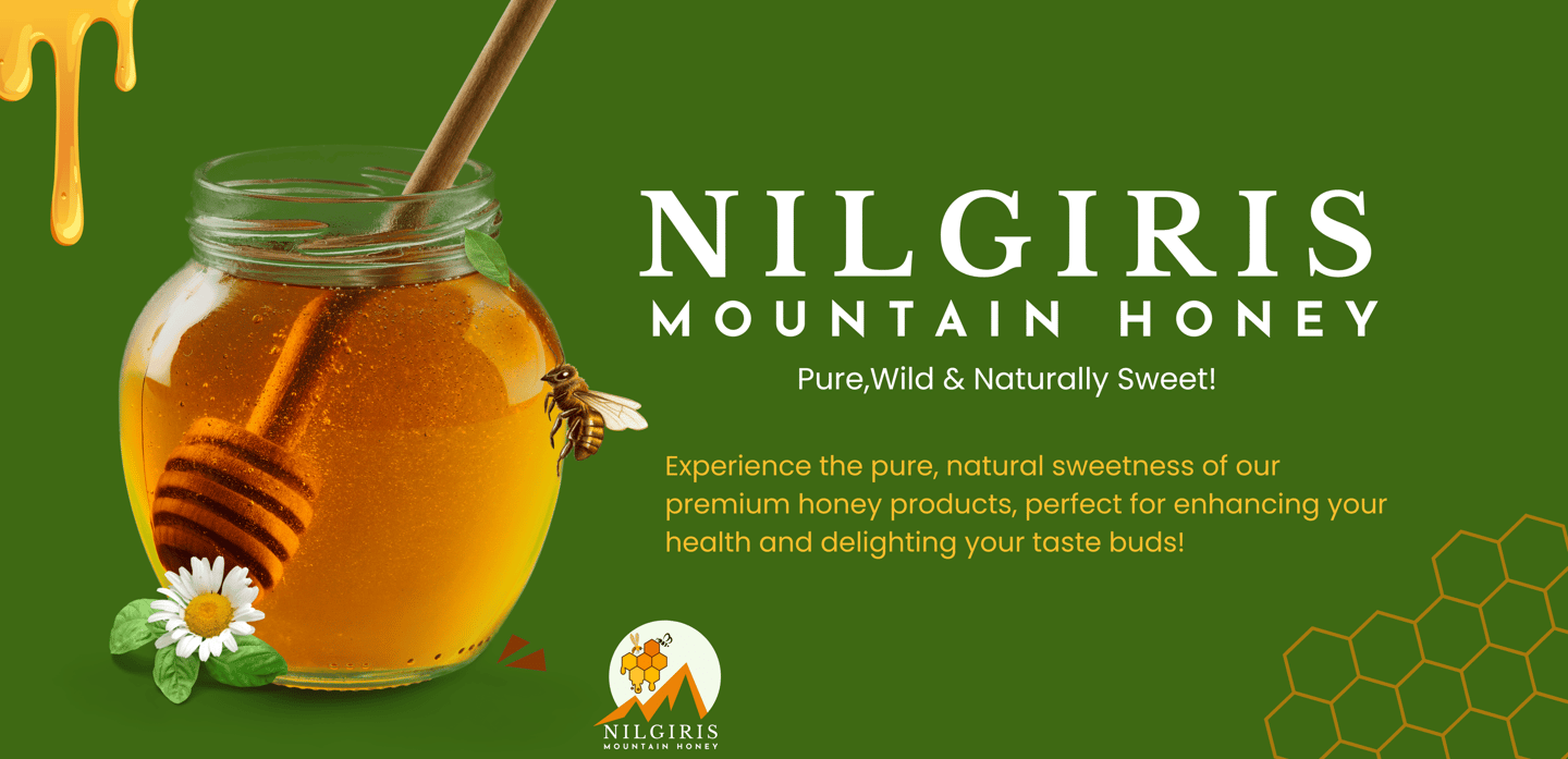 a  gold jar of honey with a honeycomb honey bee in green background nilgiris mountain for skin glow