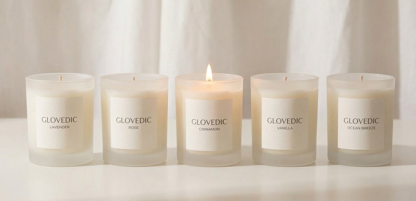 Glovedic premium scented candles in minimal glass jars with soft natural lighting