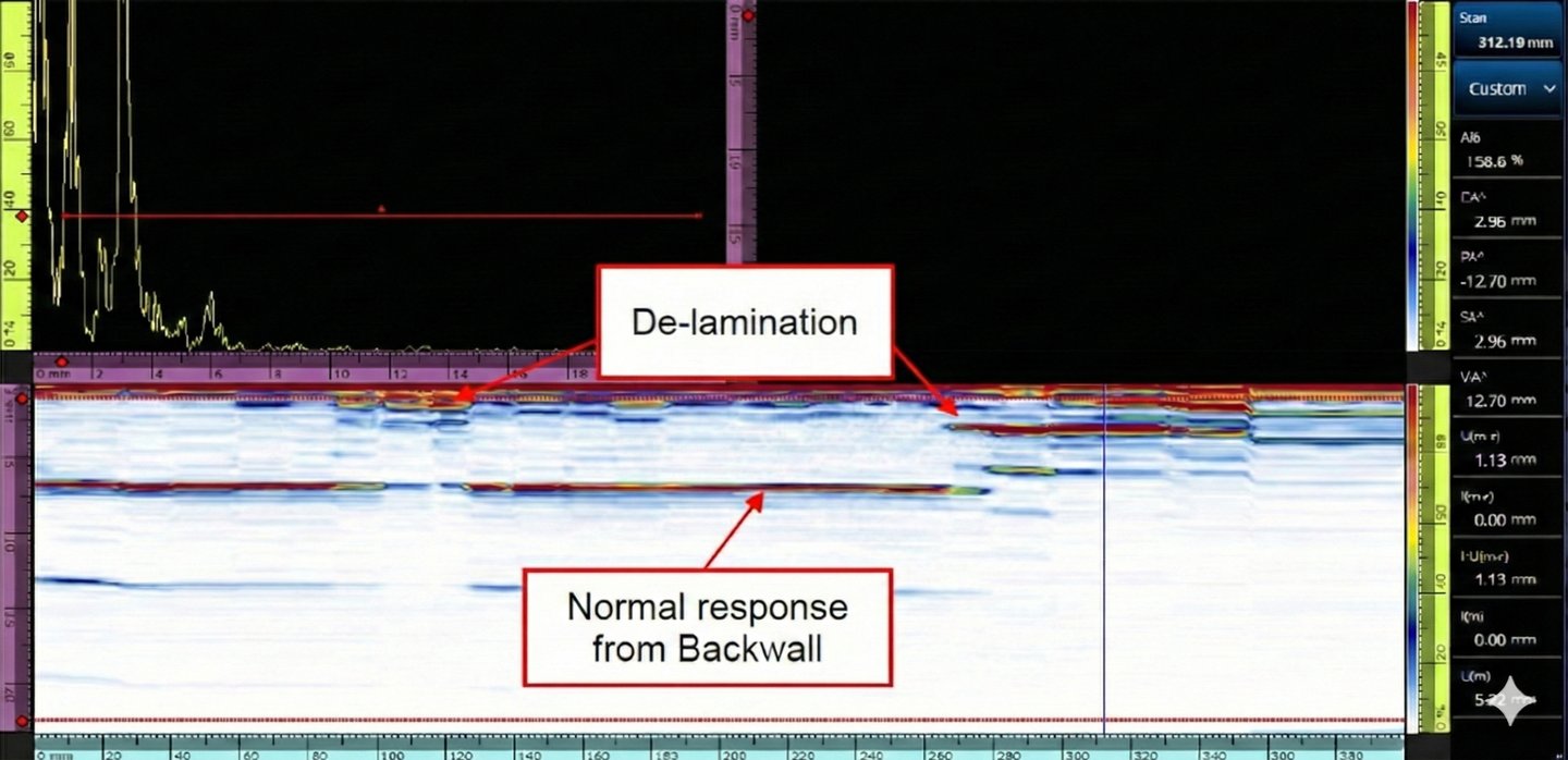 Ultrasonic results showing delamination in solid carbon fibre laminate