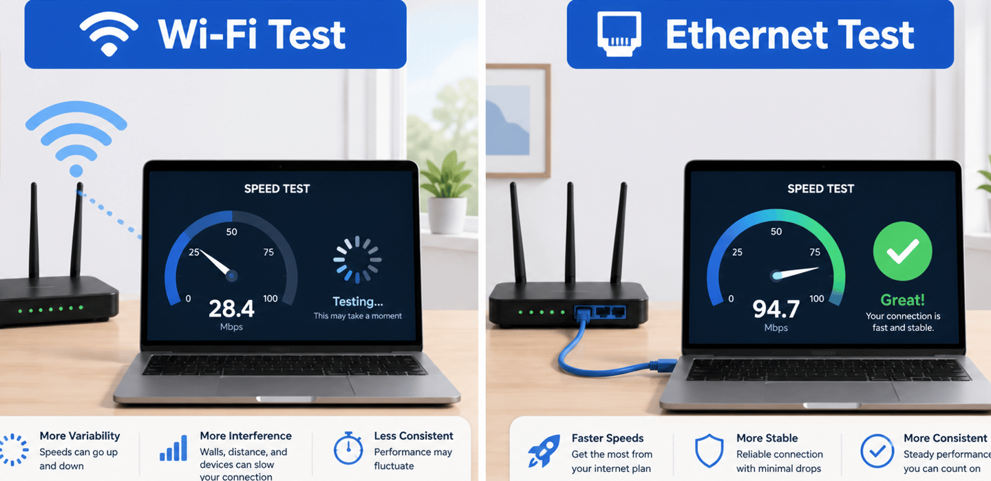 Comparison of Wi-Fi speed test and Ethernet speed test at home.