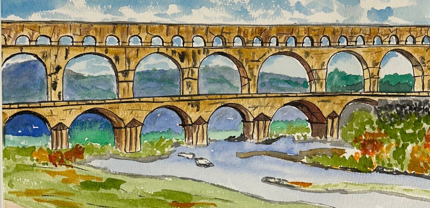 Watercolor painting of ancient Roman aqueduct over river Gard in Provence, France.