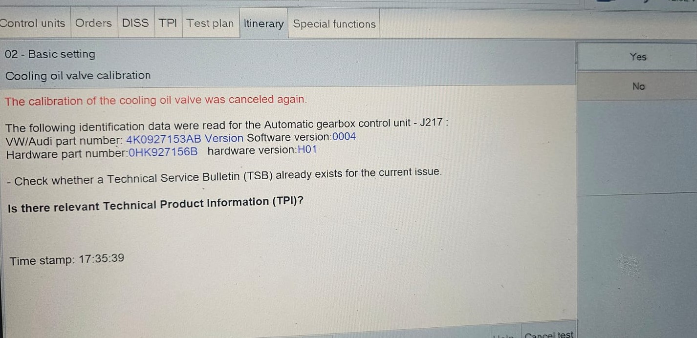 Diagnostic screen showing a canceled VW Audi cooling oil valve calibration for an automatic gearbox control unit.