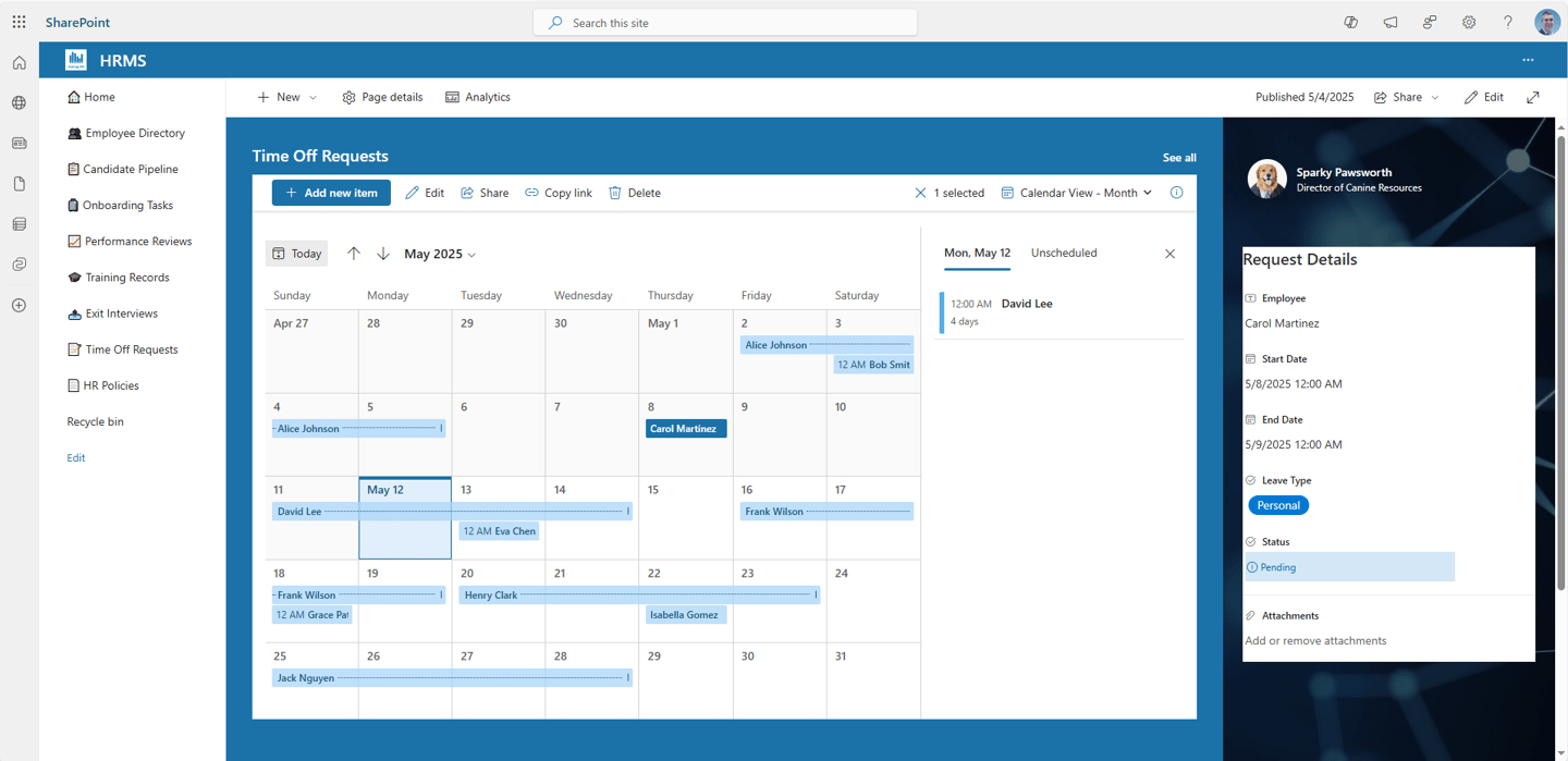 Employee Time Off Requests & Calendar in SharePoint