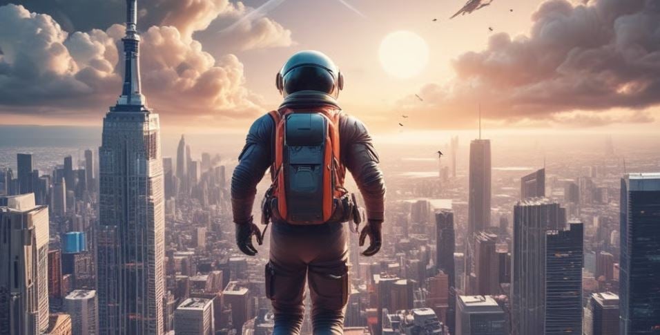 Space men looked over the city