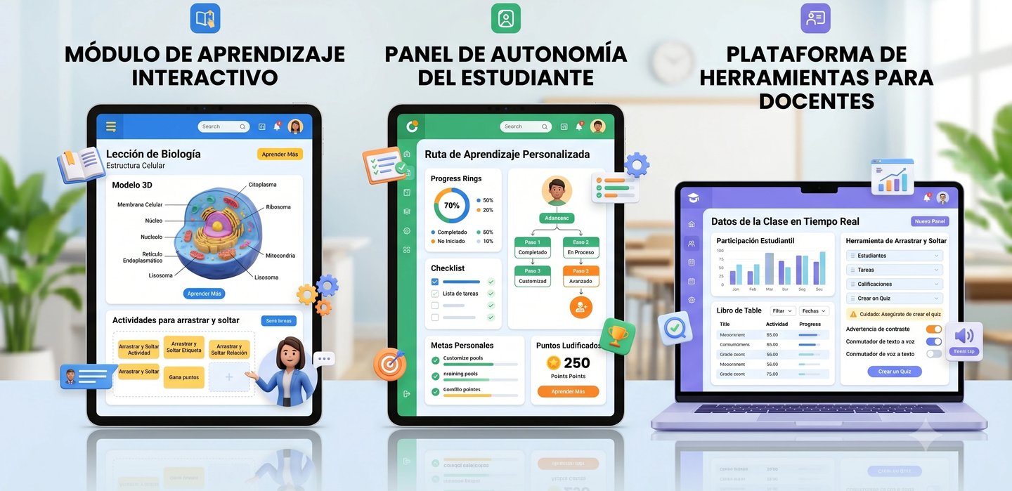 muestra tres imágen de tablet y computadora con módulos, paneles y plataformas de ejemplo