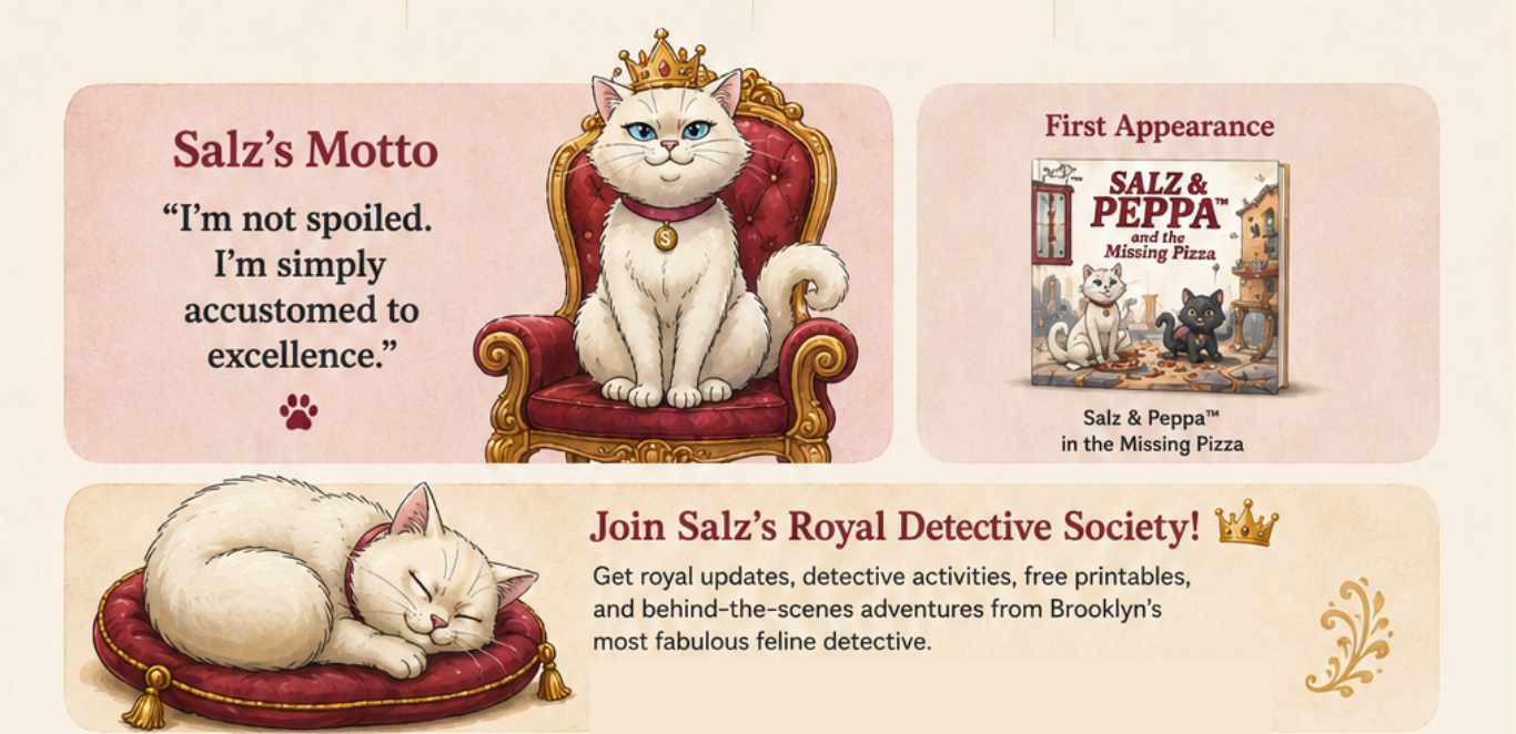 white cat, pizza-loving detective cat of Brooklyn NY, part of Salz & Peppa Detective Agency