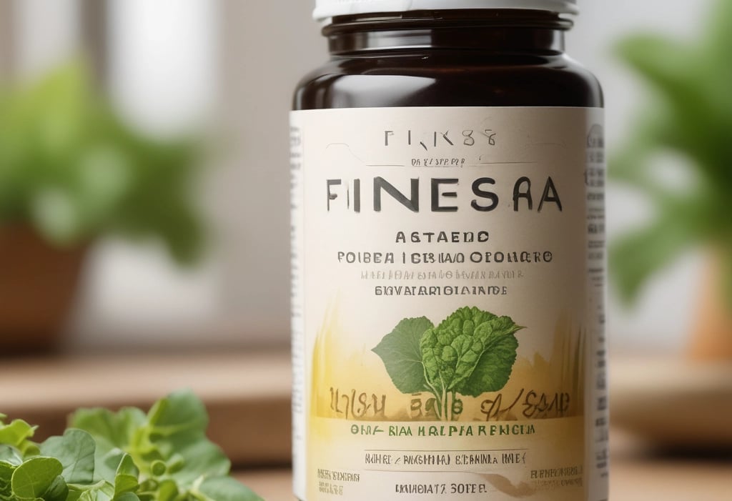 a bottle of fine food product with a plant in the background