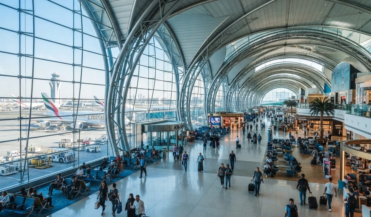 Wide environmental shot of a modern, sunlit airport terminal in Dubai, architectural steel structures, airplanes visible through glass walls, cool blue and gold tones, 35mm.