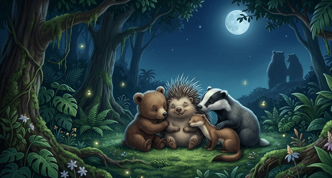 Cute forest animals including a bear cub, porcupine, and badger cuddling in a moonlit woods with fireflies.