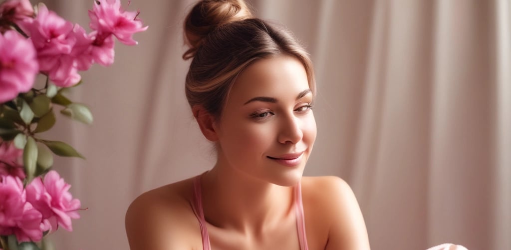 A serene spa setting with three beauty product tubes displayed prominently on a small round table. In the background, a person relaxing in a bathtub with a towel wrapped around their head and sunglasses.