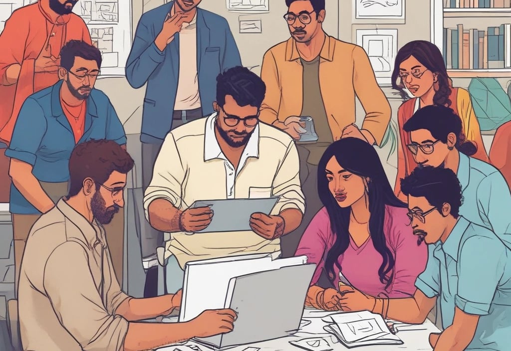 A candid group photo of the team smiling and working together in a cozy office space.