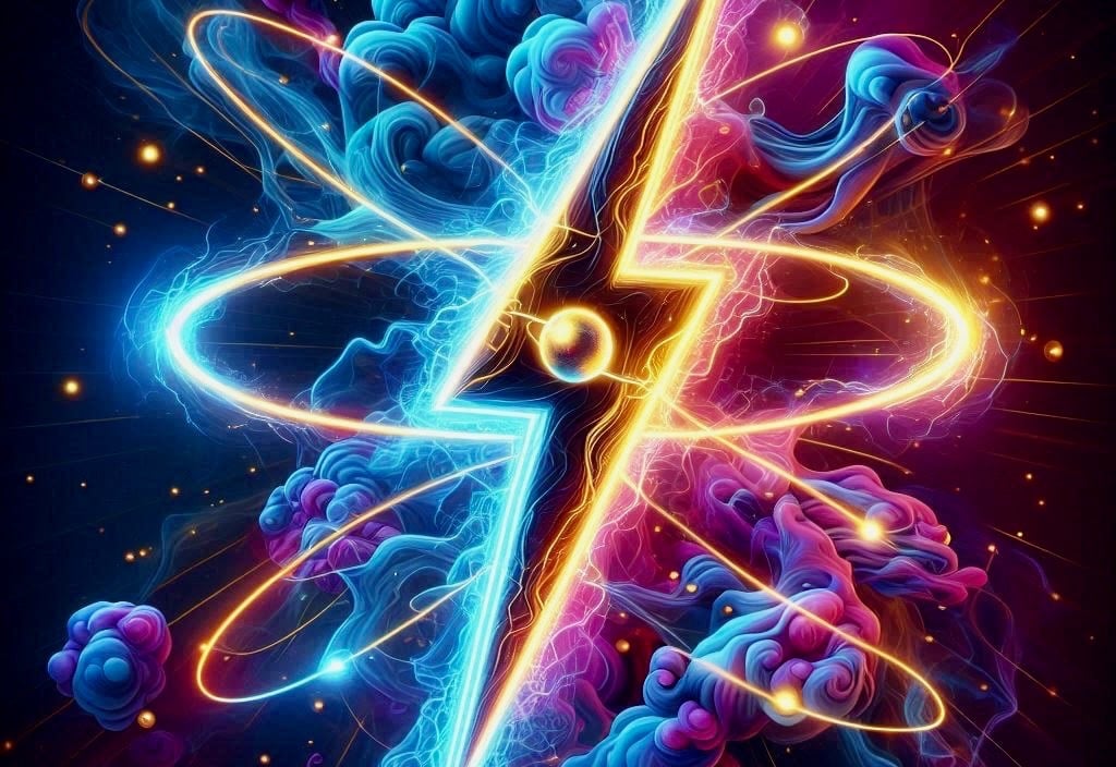 the logo of a storm is coming, it is an elexctric universe being created by the power of AI