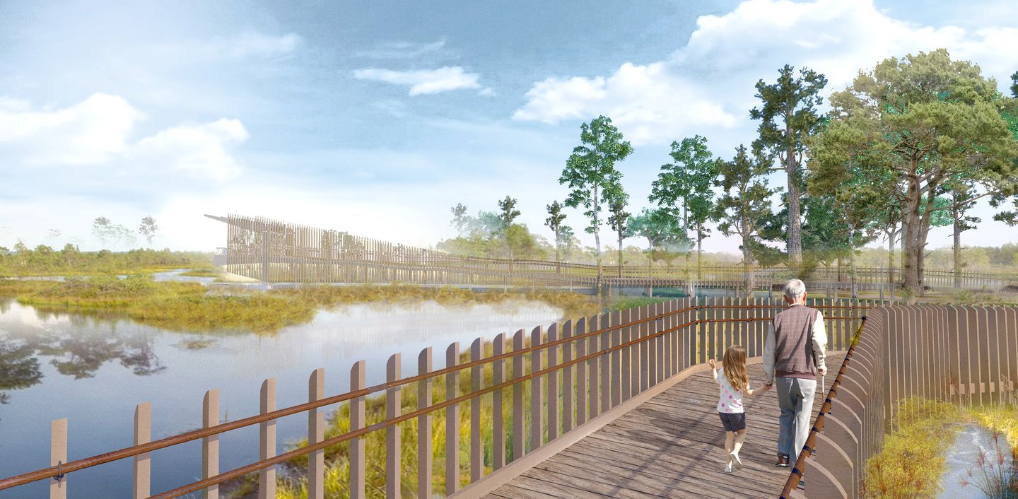 A rendering of wooden boardwalk over a bog