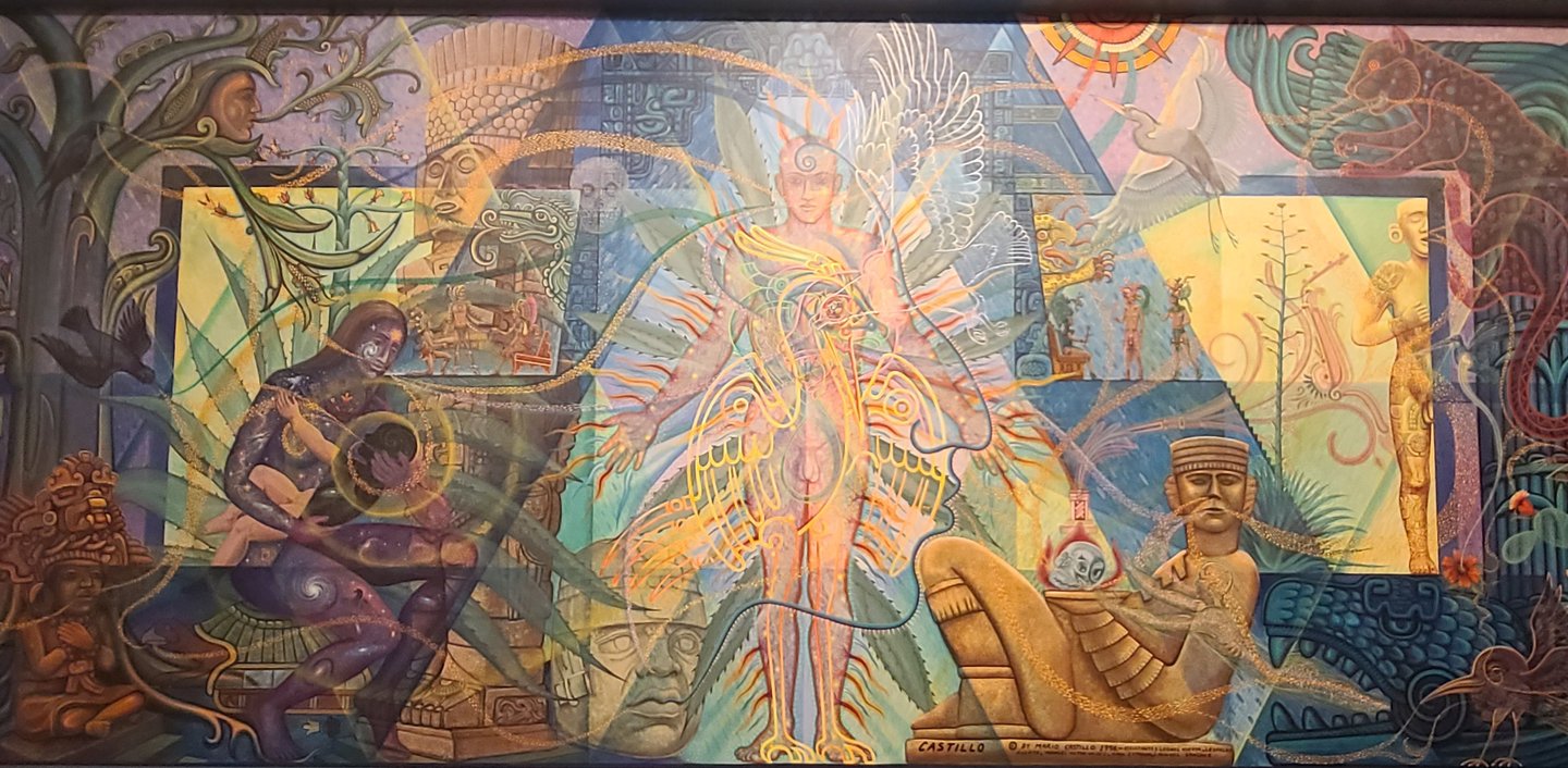 Large, abstract, and vibrant painted mural by Mario. E Castillo featuring indigenous imagery