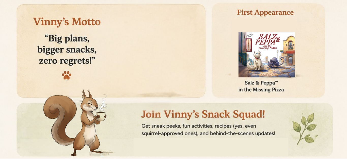 Vinny, tiny Brooklyn Rockstar Squirrel in Salz and Peppa children's book