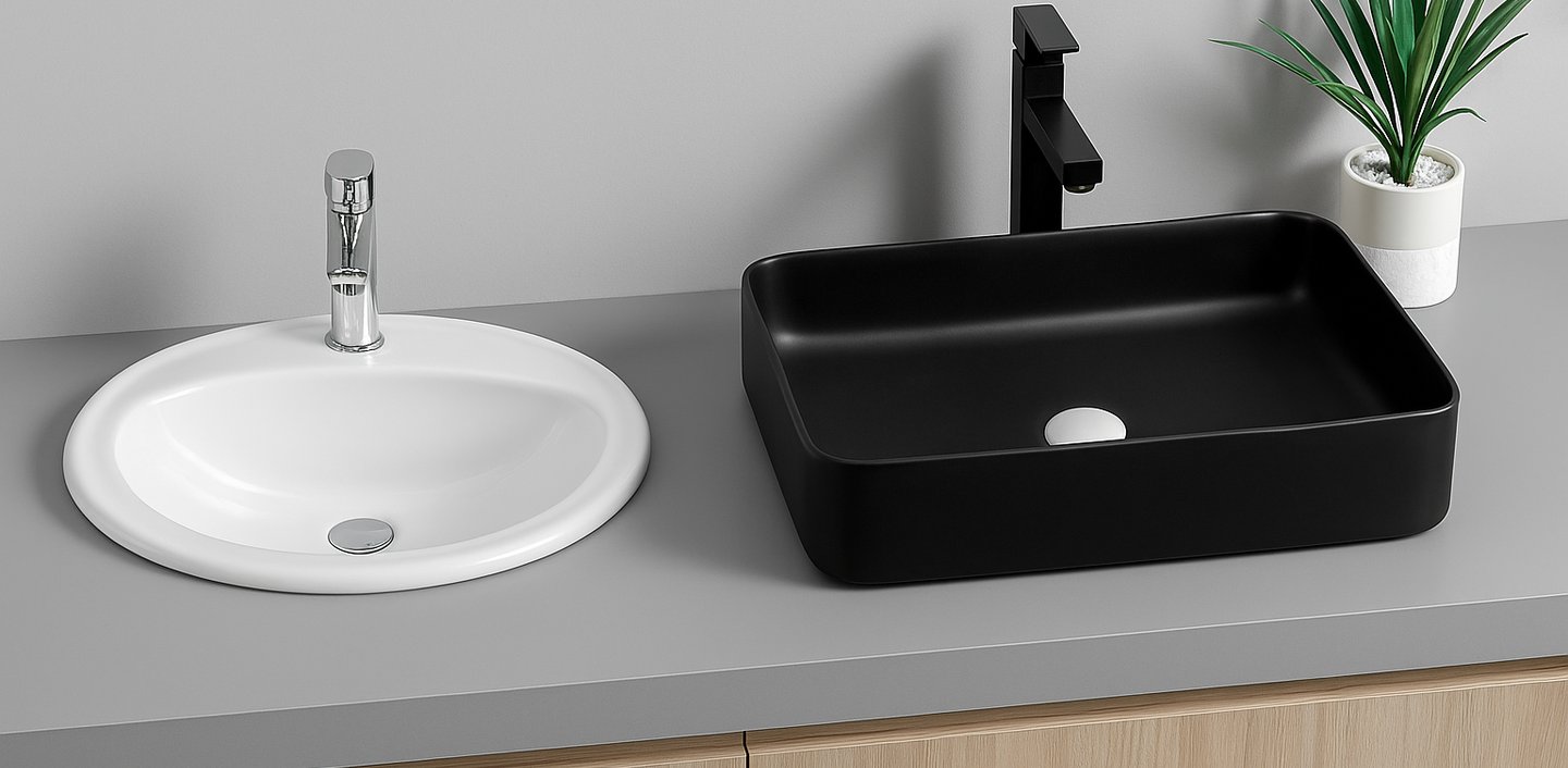Lavamanos de empotrar y lavamanos de sobreponer en la exhibición de Zeramiq. Grifería negro mate