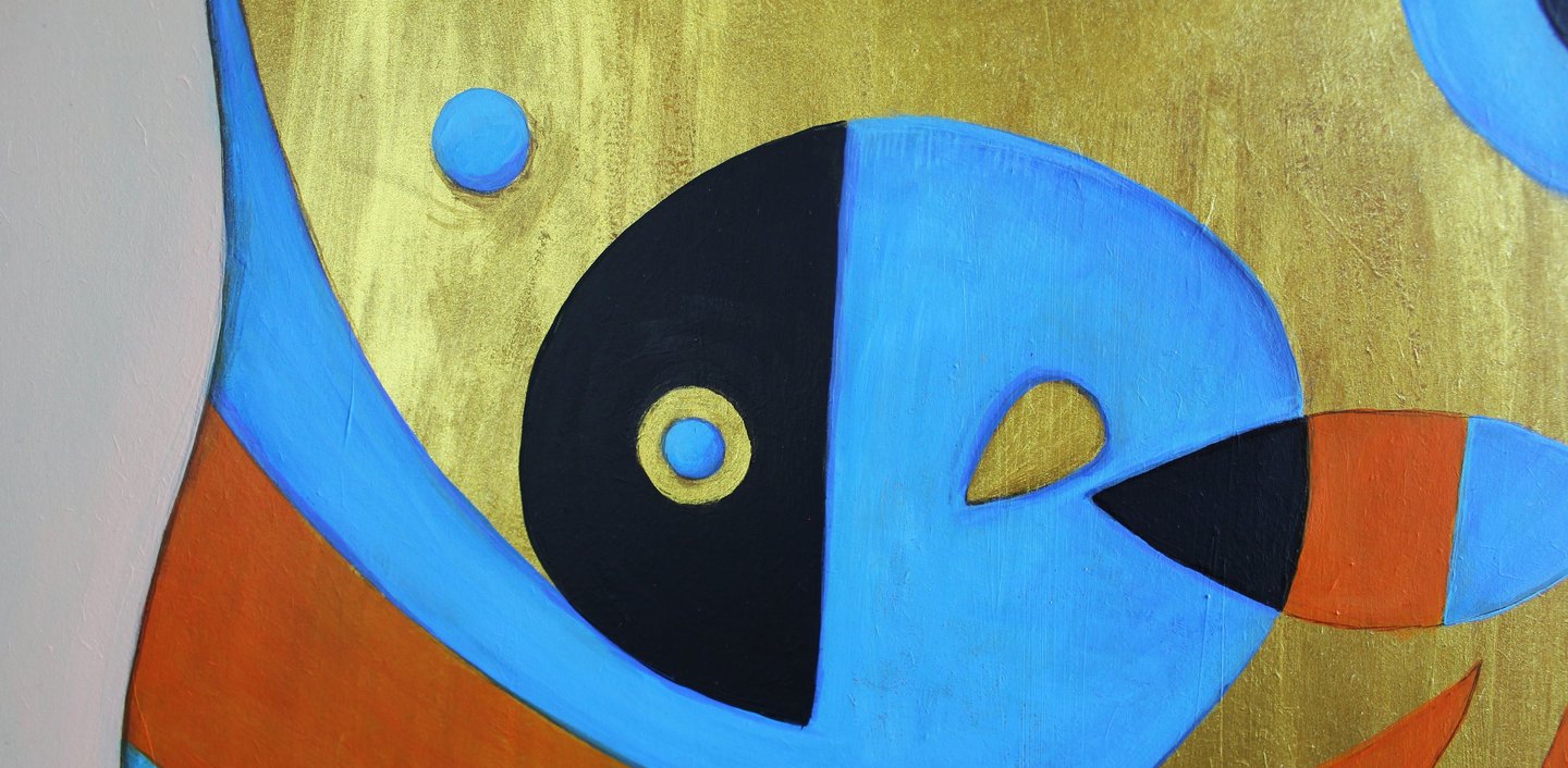 a painting of a bird with a blue and orange background