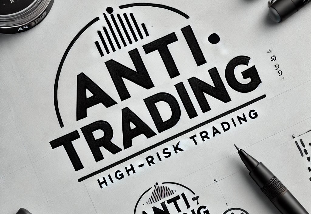 Logotipo de Anti-Trading con el lema 'High-Risk Trading', acompañado de materiales de diseño.