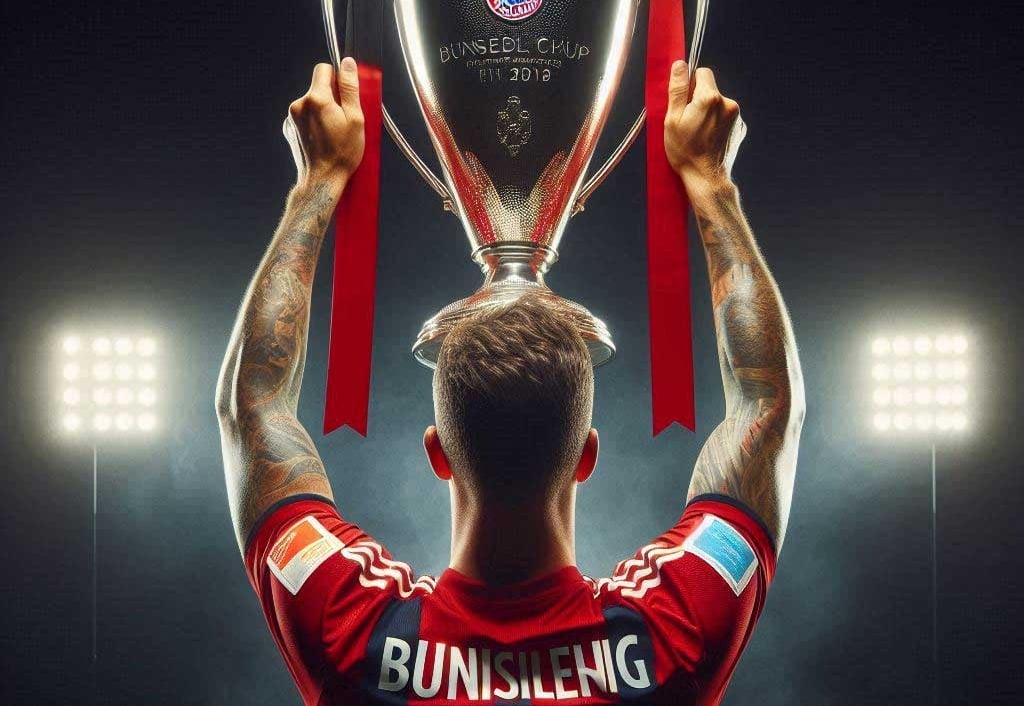 Who owns the german football? Illustration of a player holding the Bundesliga Cup.