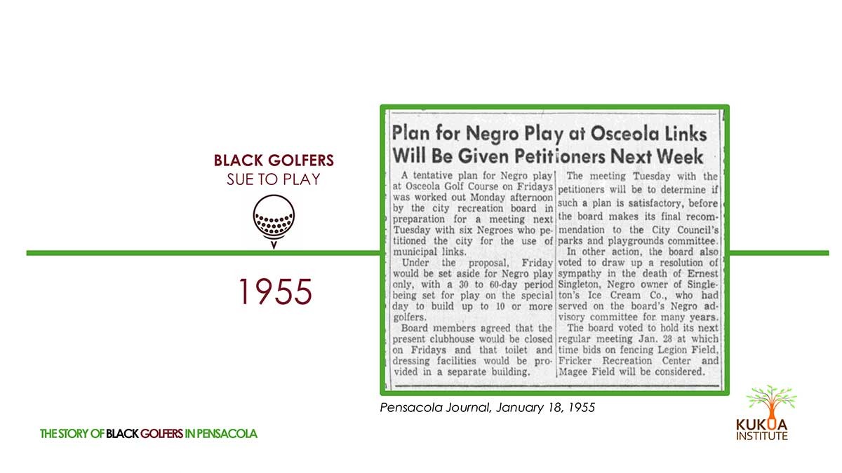 Par Four Golf Club image of 1955 new clipping title "Plan for Negro Play at Osceola Links Will Be Given Petitioners Next Week