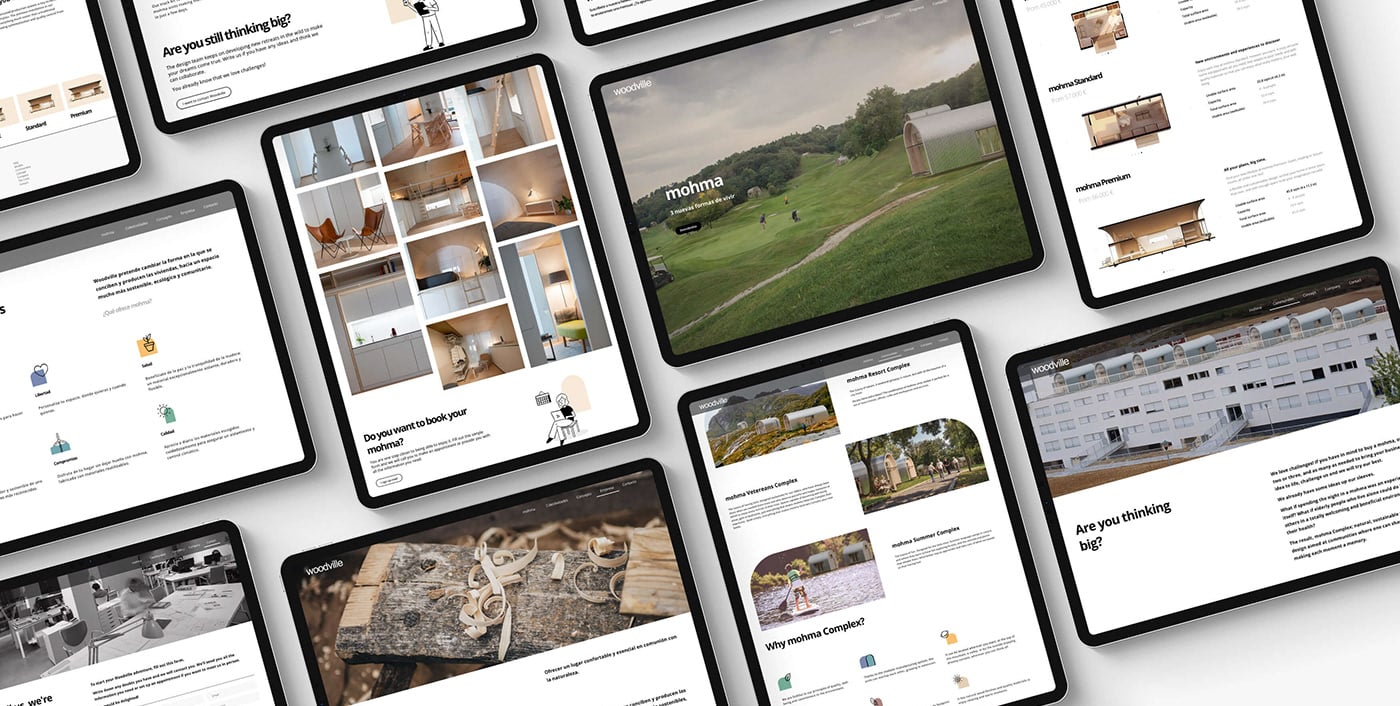 Captura de pantalla del sitio web de Woodville, mostrando la integración de las ilustraciones y los íconos en el diseño digit