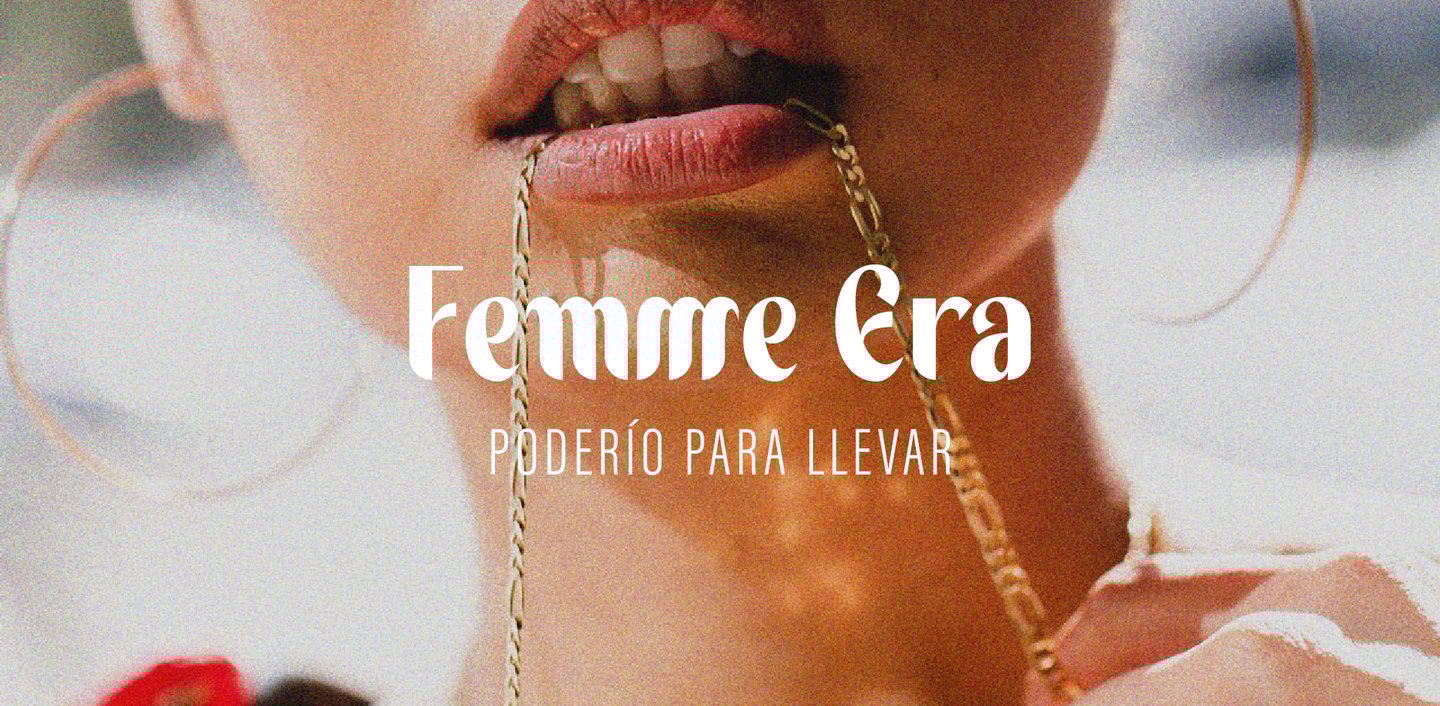 Imagen de portada del branding de Femme Era mostrando una mujer con un collar en la boca y el logotipo de la marca
