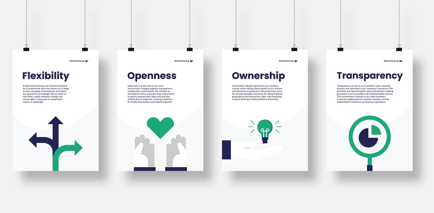 Mockup de posters colgados en la pared mostrando los valores de la marca Bird Control Group