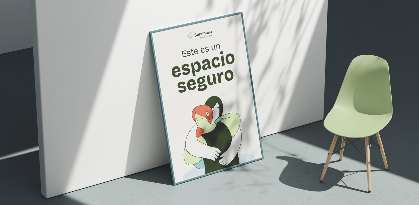 cartel diseñado para Serenalia, destacando mensajes clave y la identidad visual de la clínica.