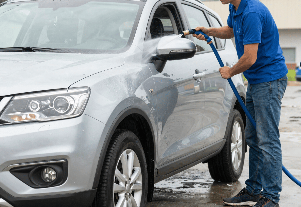 A friendly CleanPro smiling while cleaning a shiny car at a customer's doorstep in an urban Indian neighborhood.