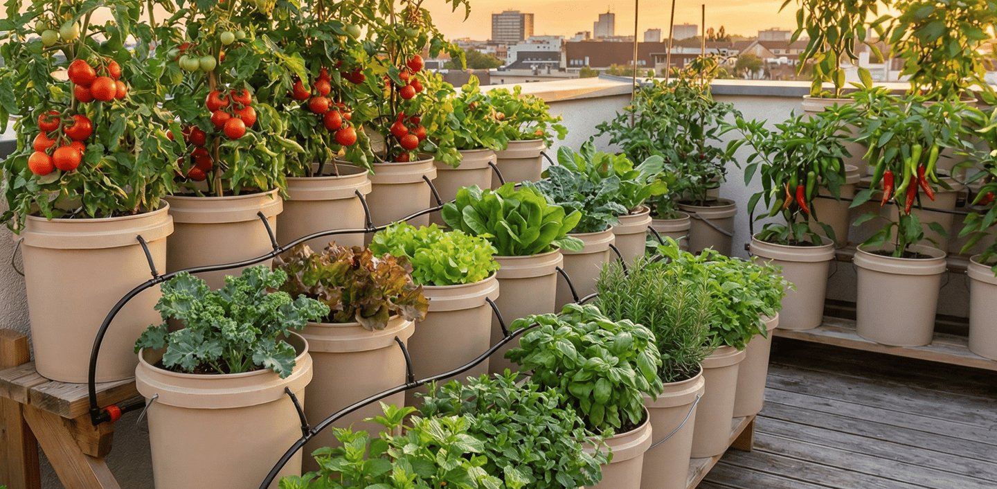 A lush rooftop container garden featuring potted tomatoes, herbs, and vegetables with a drip irrigation system at sunset.