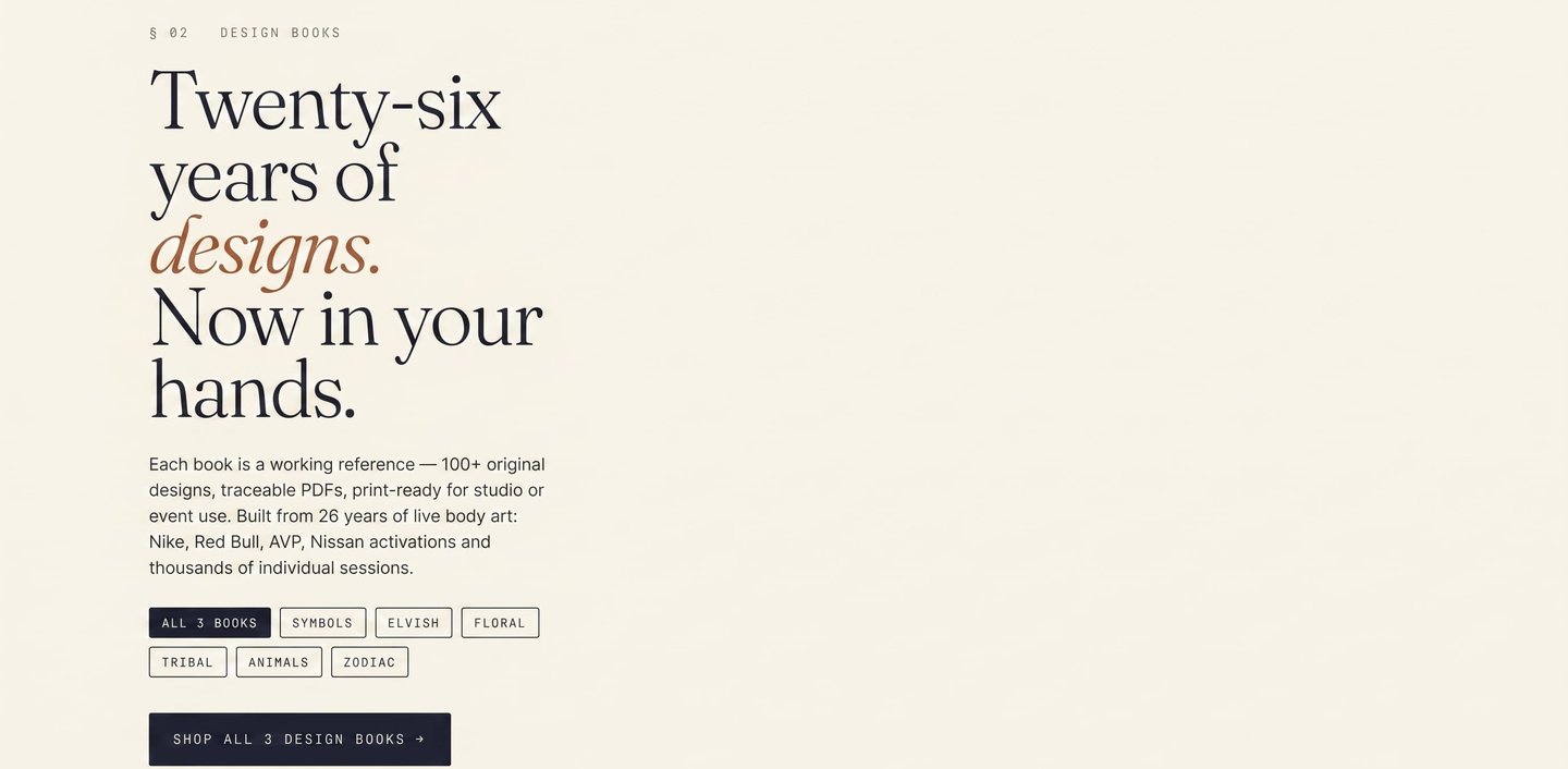 Minimalist design book landing page featuring elegant serif typography and body art tattoo design categories.