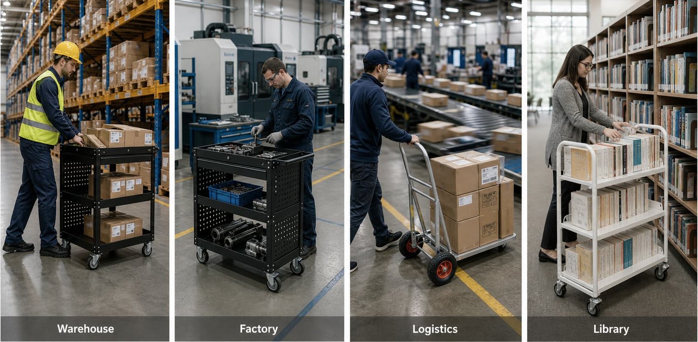 Workers using industrial utility carts and hand trucks in warehouse, factory, logistics, and library settings.