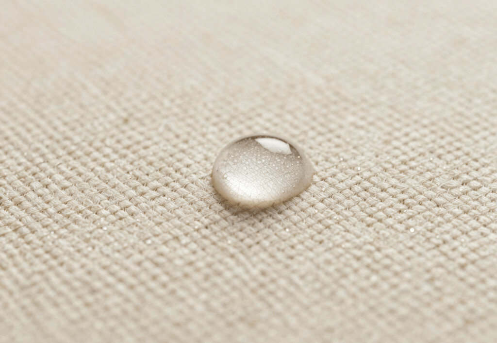 Macro close-up of clear liquid beading perfectly on a highly textured cream bouclé fabric, soft diffused side lighting highlighting the weave, minimalist and clinical luxury feel.