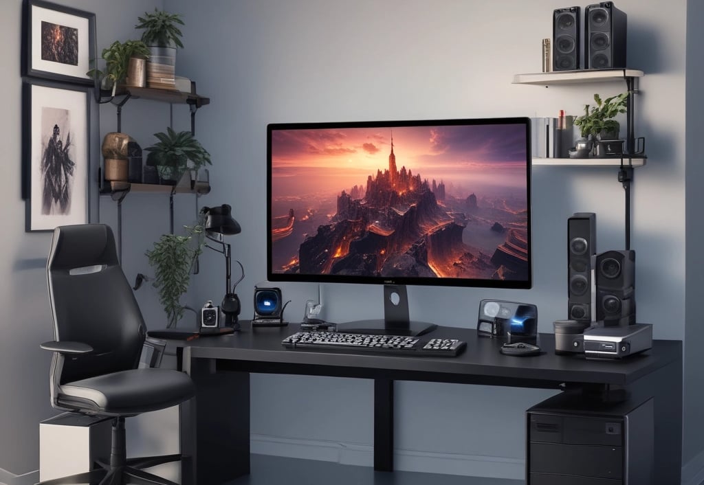 A person is holding a gaming controller in front of a flat-screen television displaying a racing video game. The room has a computer setup on a wooden desk with cables, a desktop computer monitor, and other accessories. The focus is on the interaction between the person and the gaming environment.