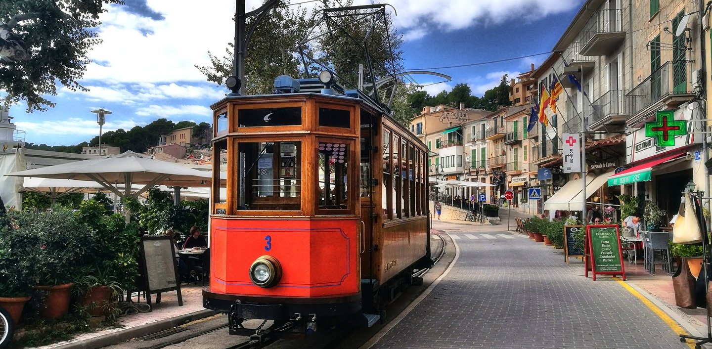 Old Soller Train in Mallorca passing through Soller town