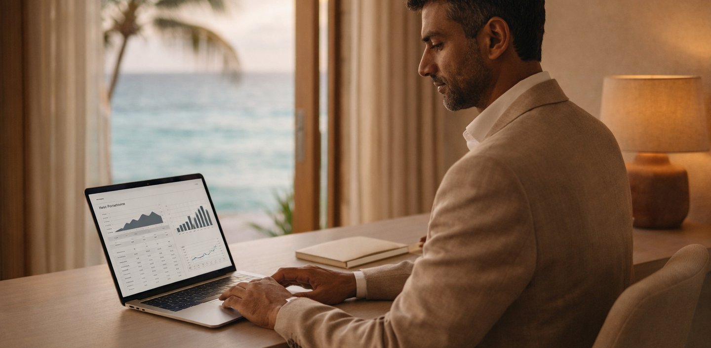 Consultant hôtelier expert analysant la performance et la valeur d’un hôtel dans les Caraïbes sur ordinateur portable,