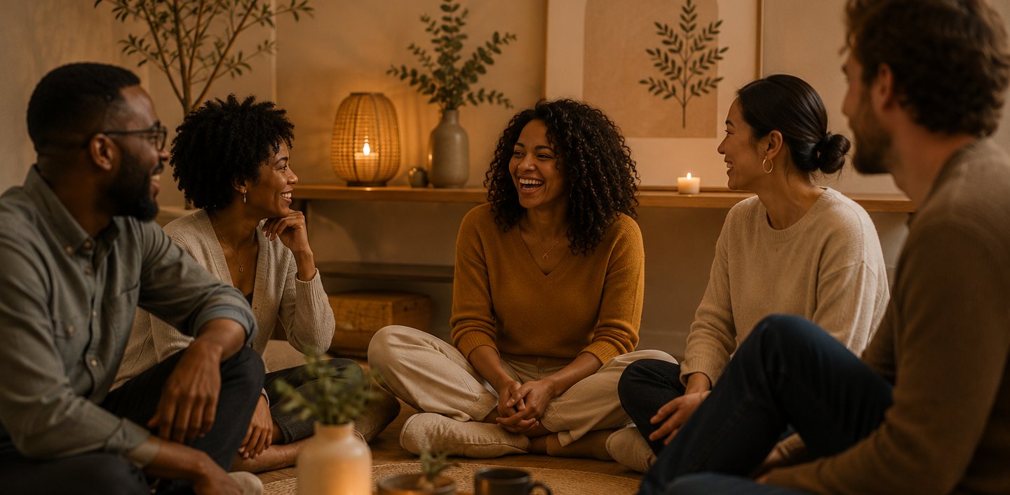 A diverse group of friends talking and laughing in a cozy, candlelit living room.