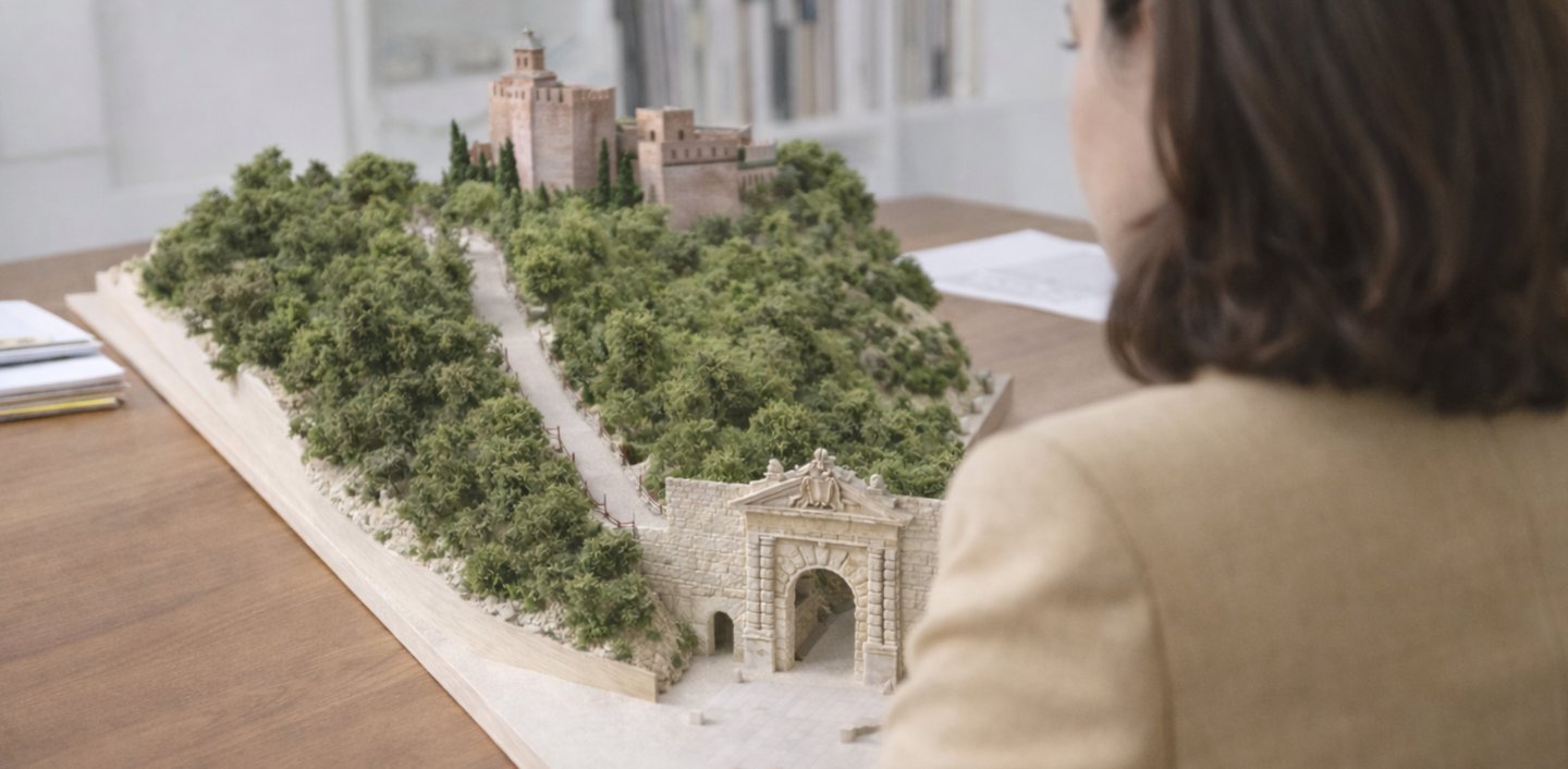 Maqueta del Bosque de Gomérez y la Puerta de las Granadas vista desde el acceso de la Alhambra.