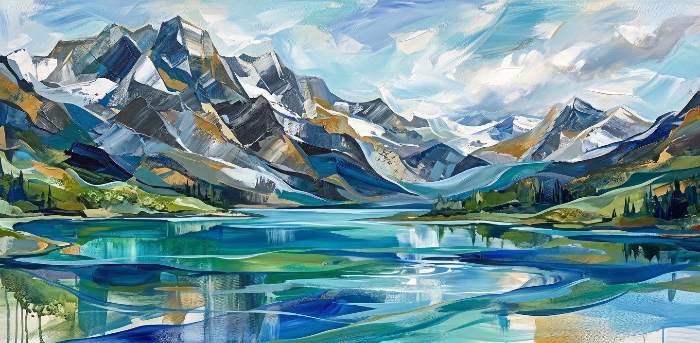 Abstract oil painting of a blue mountain lake with snow-capped peaks and vibrant brushstrokes.