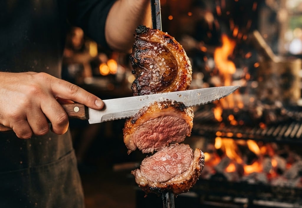 Warm editorial food photography, close-up of a premium picanha skewer being sliced, coarse salt glistening on the golden-brown crust, glowing embers in the background, golden-hour light, shallow depth of field, 35mm