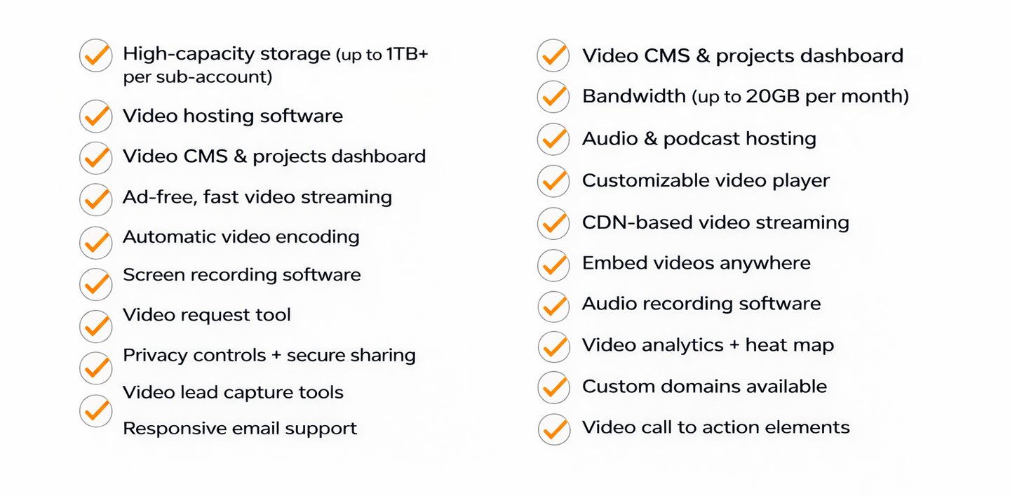 Checklist of video hosting software features including storage, CMS, streaming, and analytics tools.