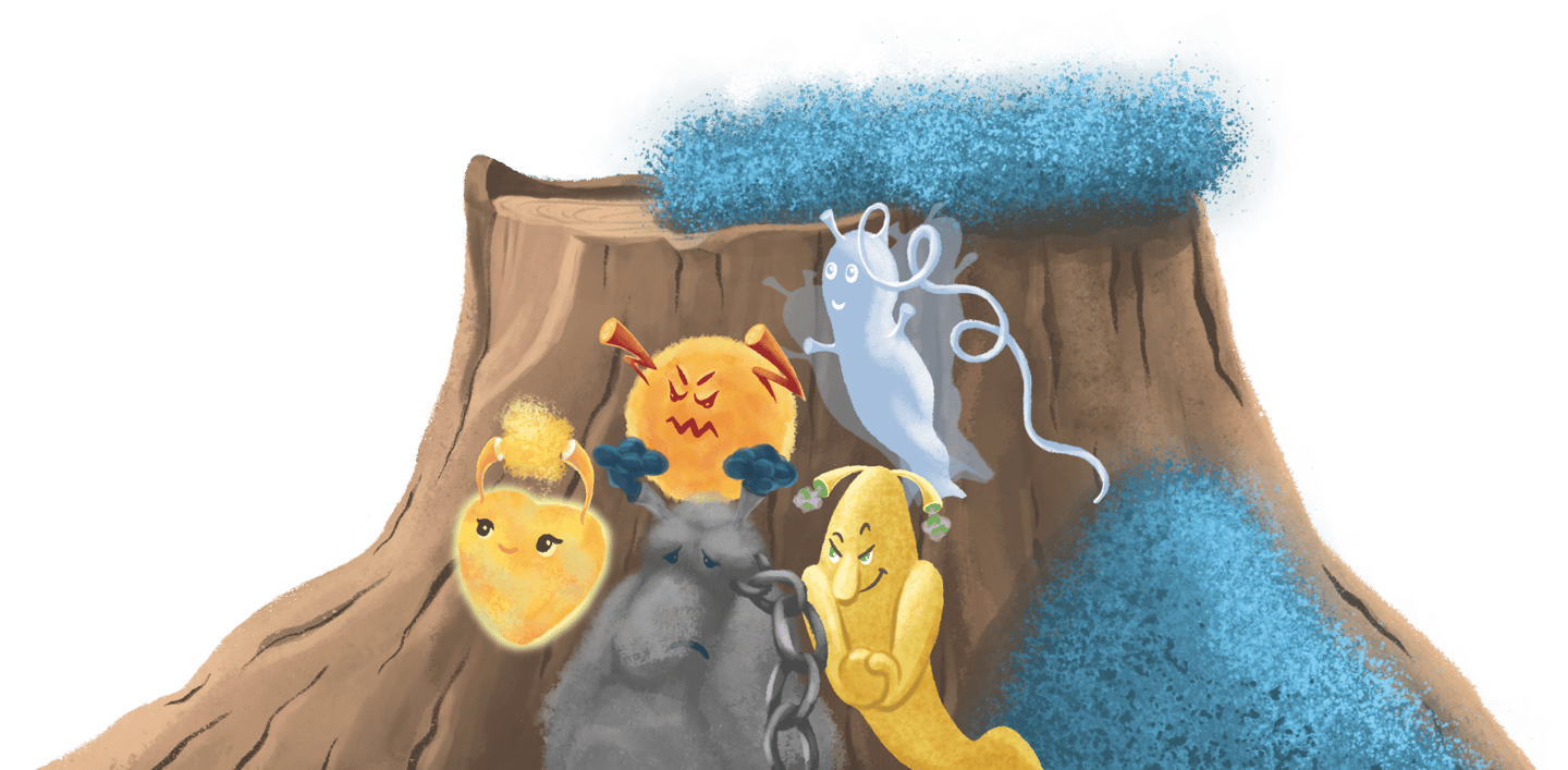 Illustration of the Hormies representing Denial, Anger, Bargaining, Depression, and Acceptance