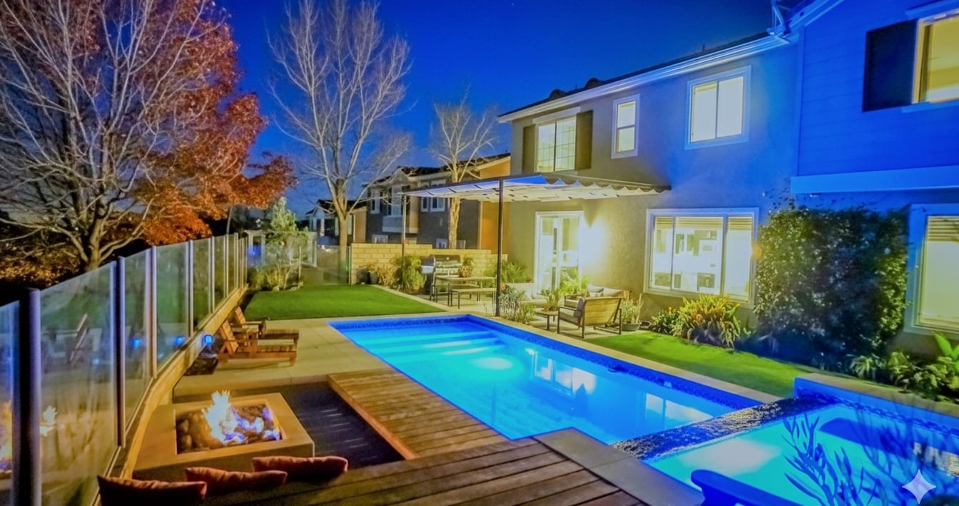 a pool and spa with a fire pit and wood decking