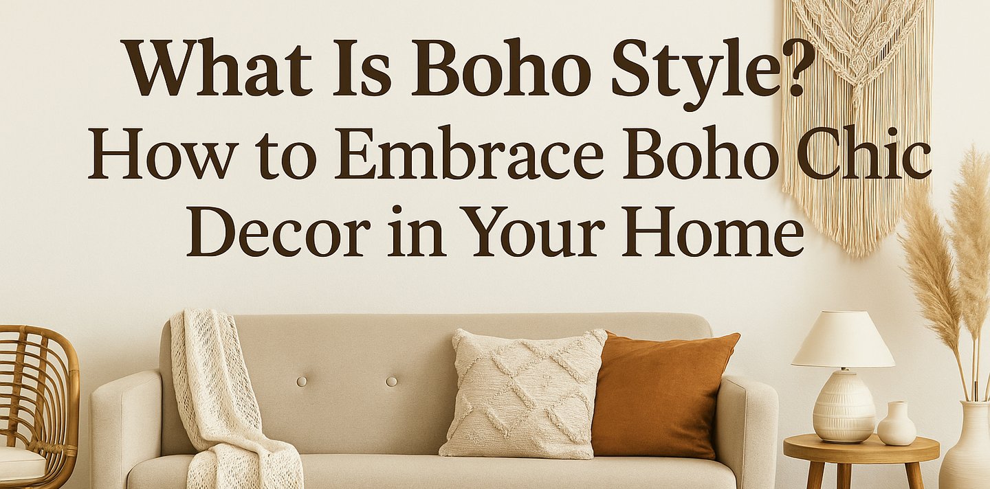 Boho chic living room with neutral sofa, rattan accents, macramé wall art, and pampas grass in cozy 