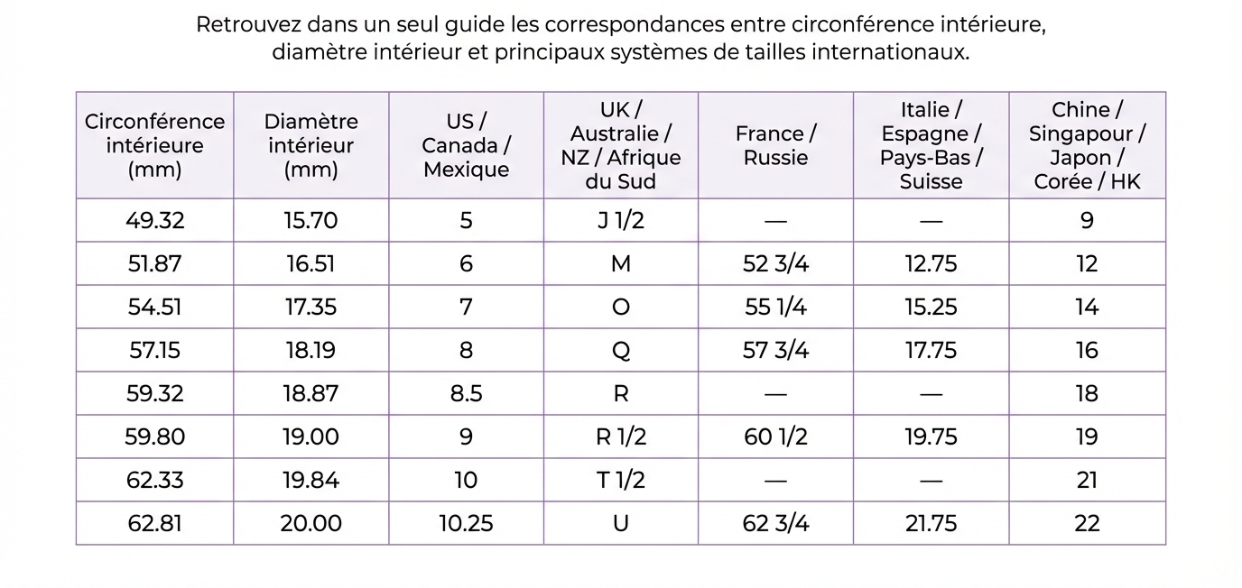 Tableau de conversion des tailles de bague avec correspondances internationales