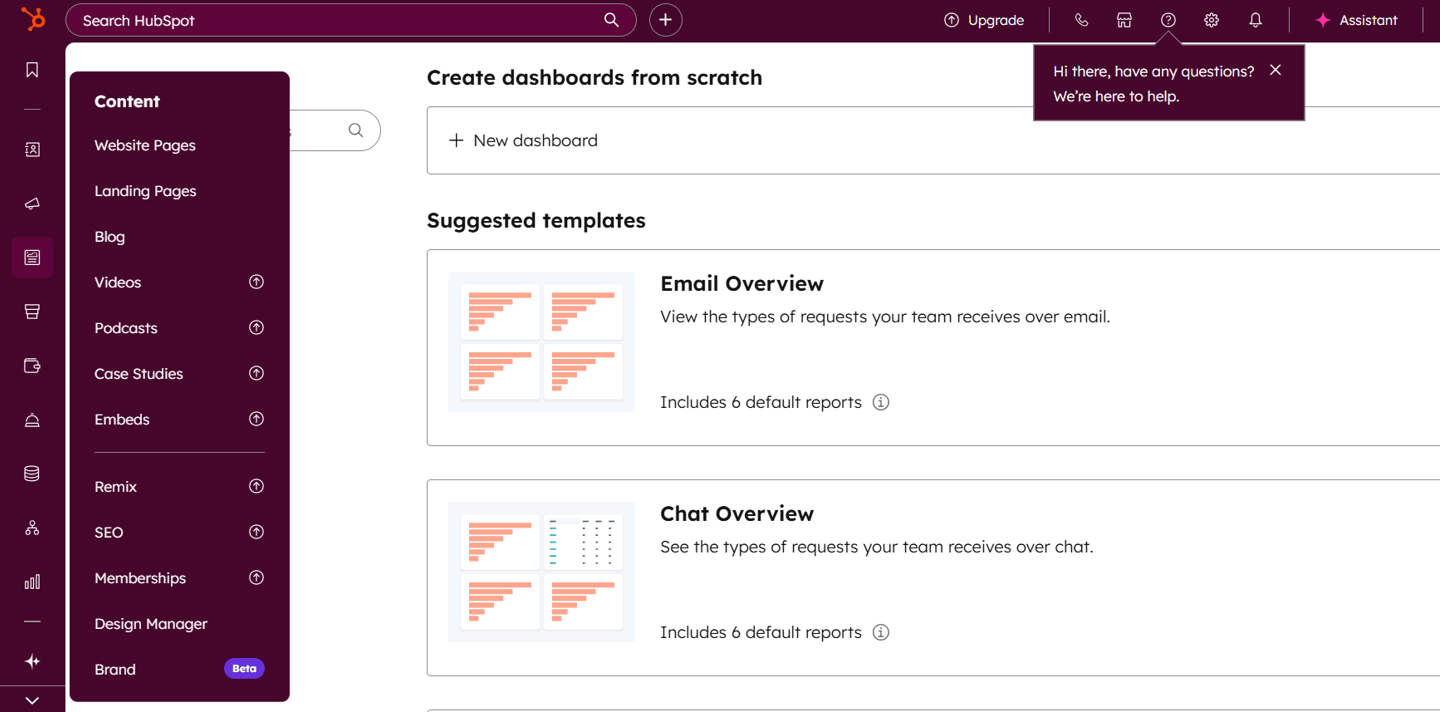 HubSpot dashboard template selection screen showing email and chat reporting overview options.